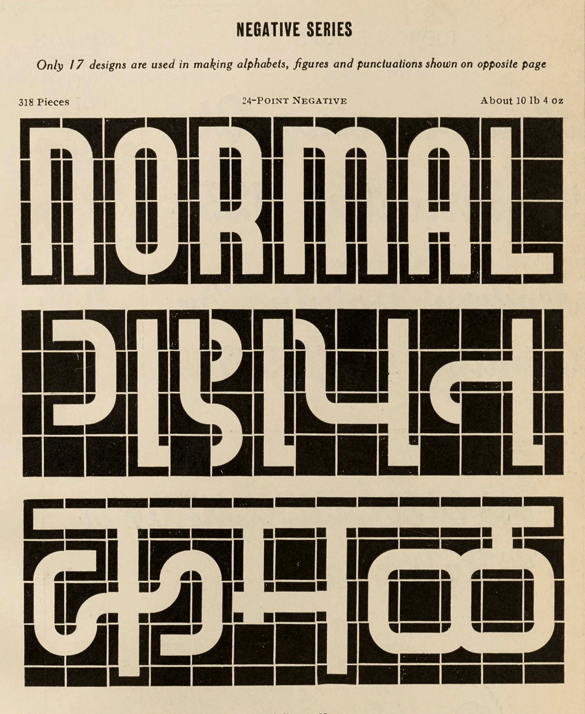 हिंदी और गुजराती अक्षरों को सेट करने के लिए उपयोग किए गए नी-पो (Ne-Po) सॉर्ट्स, जिनका प्रयोग भारतीय प्रिंटरों के लिए विज्ञापन में किया गया था।
गुजराती टाइप फ़ाउंड्री की स्पेसिमेन बुक से, लगभग १९४० के दशक।