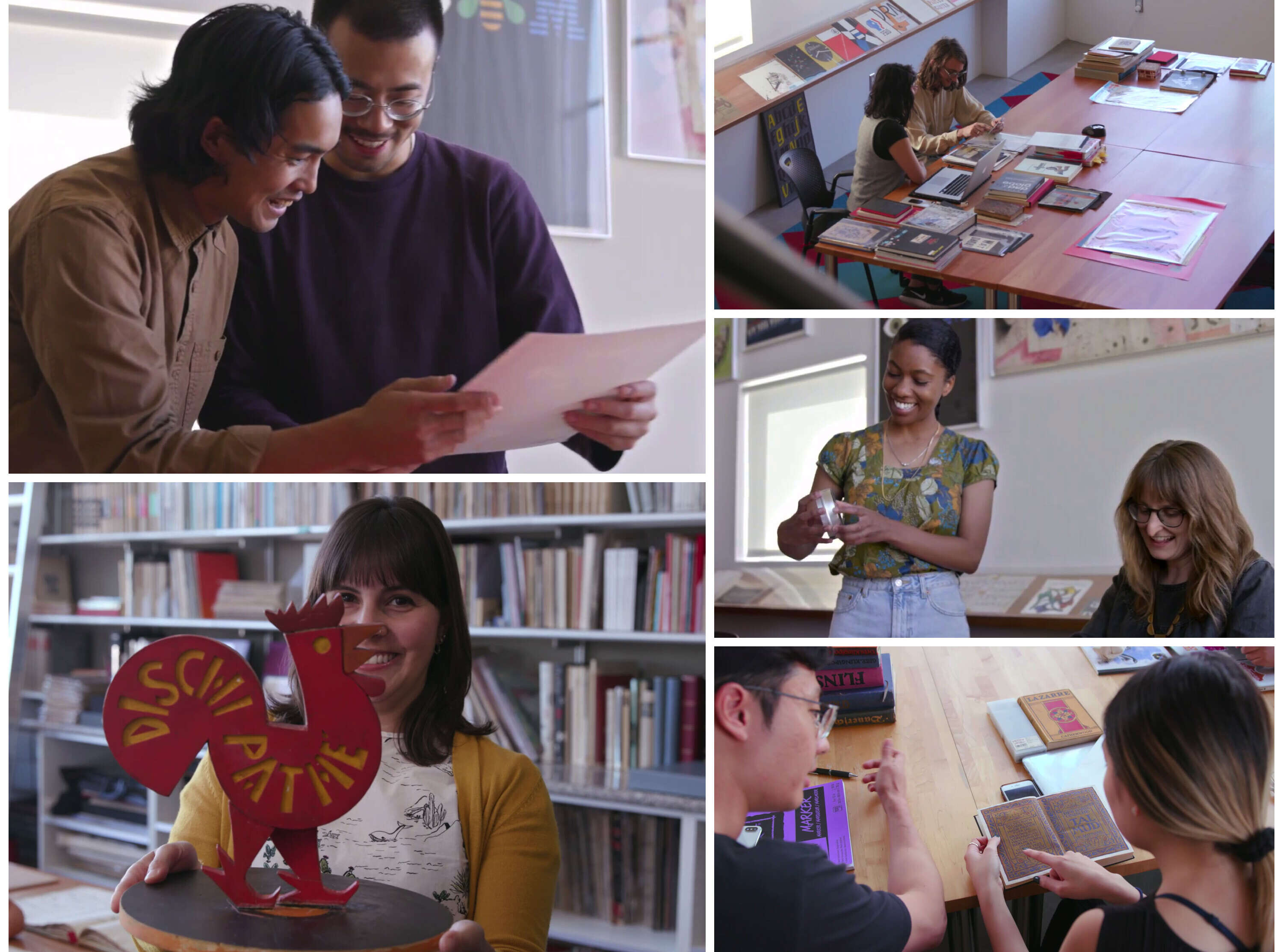 Collage of photos of people interacting with objects from the Archive's collection