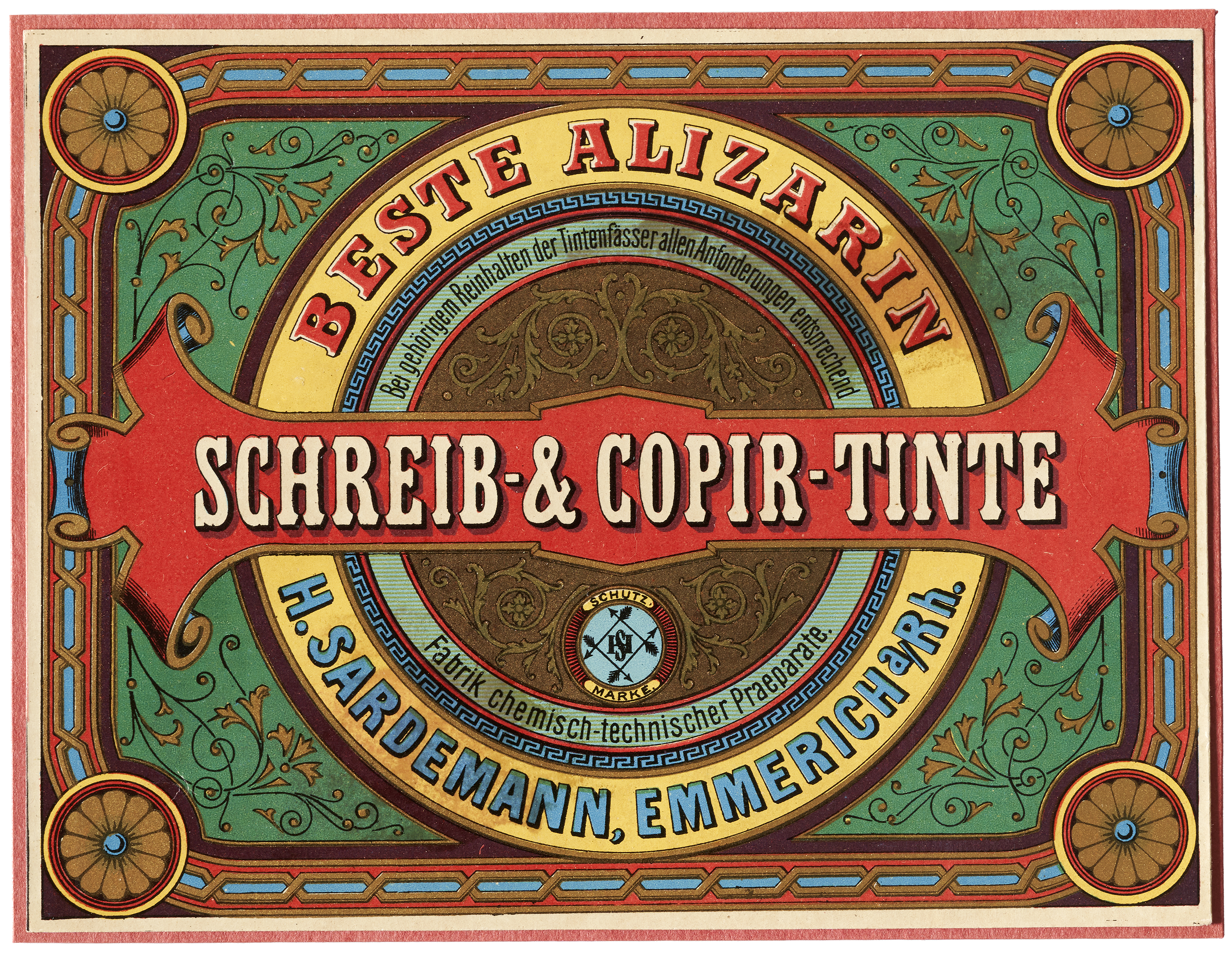 Chromeolithographic trade card for H. Sardemann brand inks, Emmerich, Germany, ca. 1900