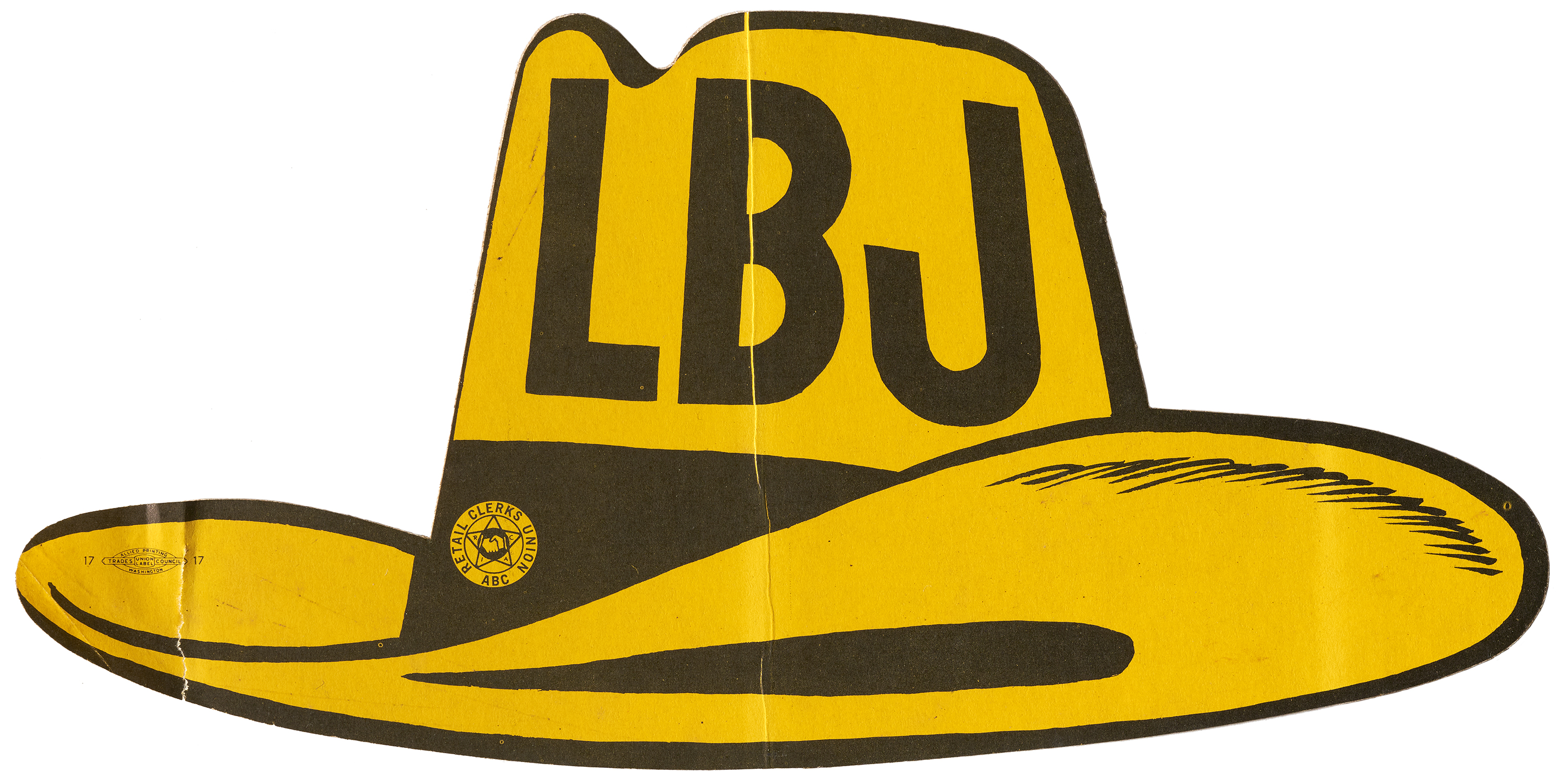 Sticker for Lyndon B. Johnson’s 1964 U.S. presidential campaign, featuring trademarks for retail clerks and printing unions, United States, 1964