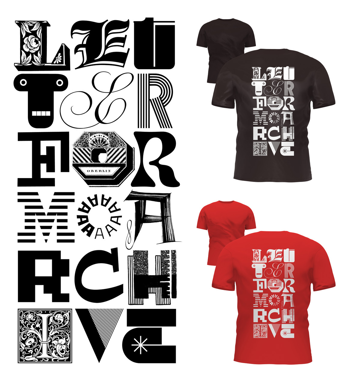 Artwork for t-shirts with the word “LETTERFORM ARCHIVE” in three columns of letters from various sources.