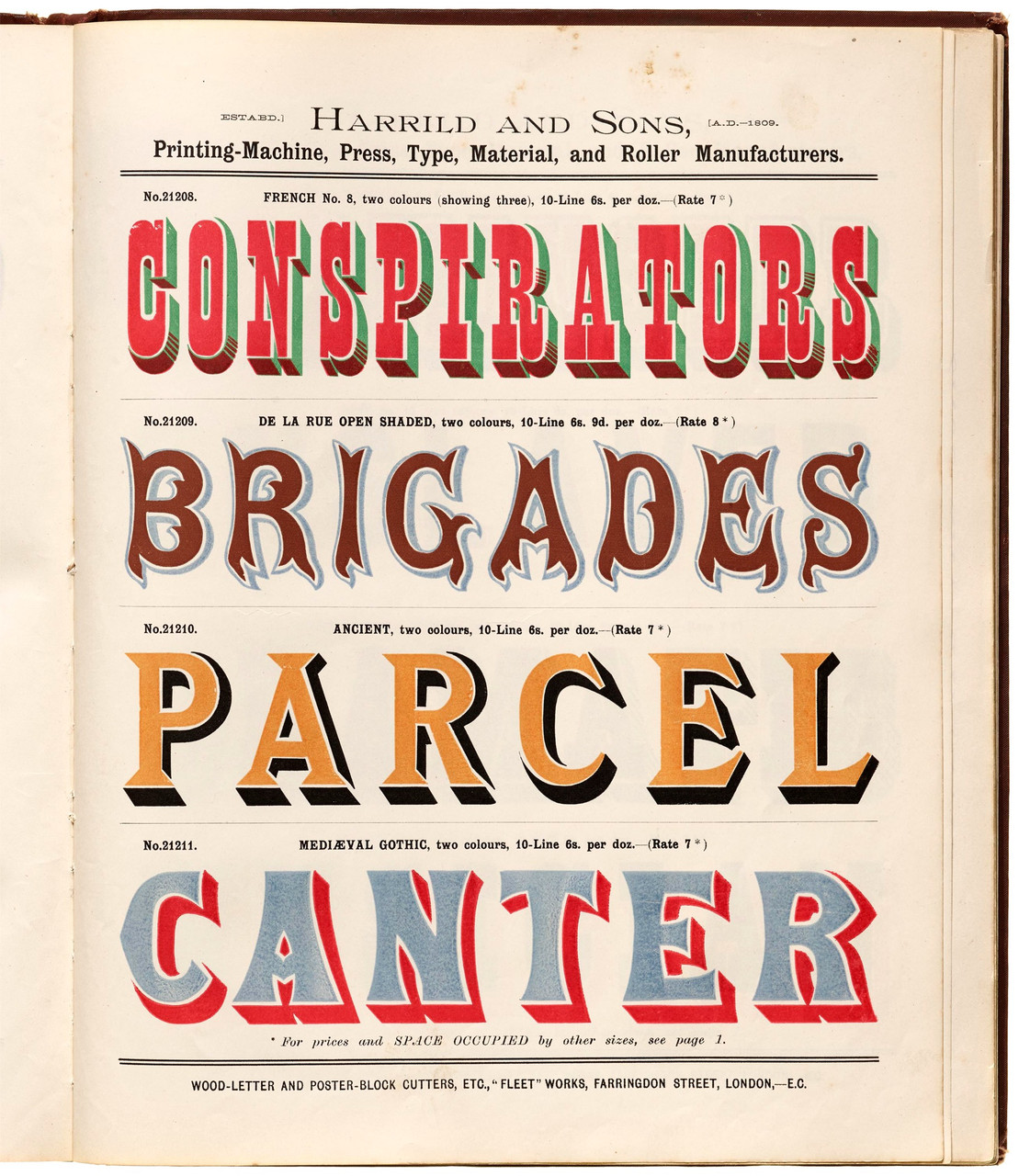 Harrild & Sons wood type catalog, London, 1906. Letterpress on paper.