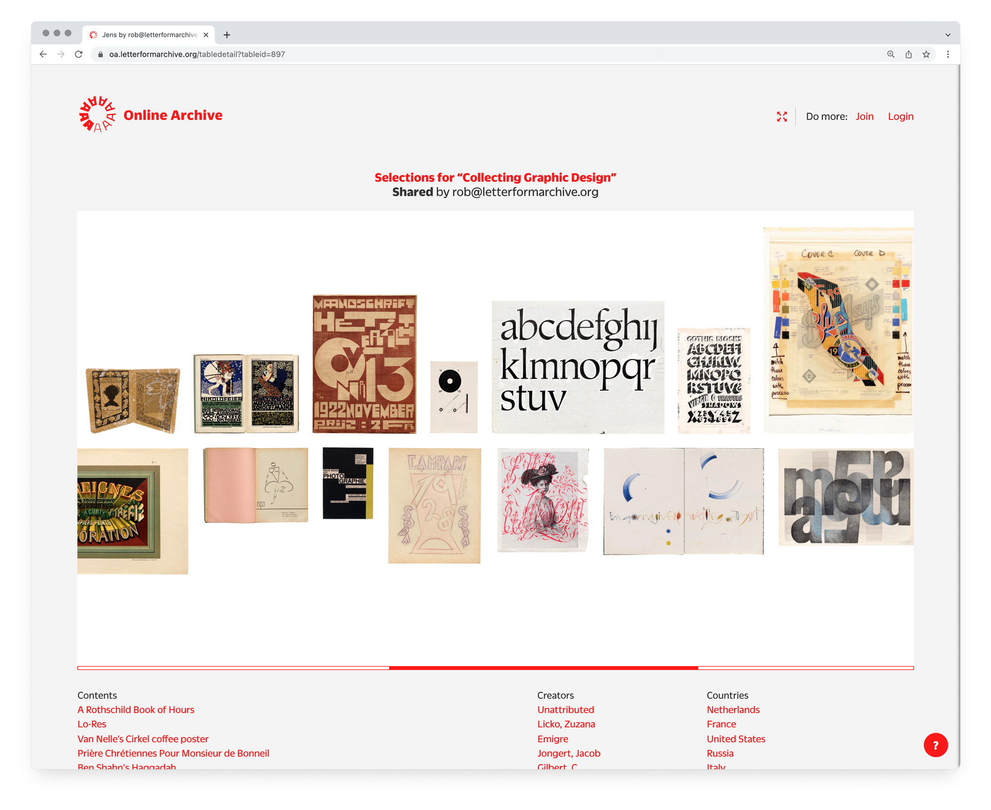 An Online Archive Table with selections for Collecting Graphic Design