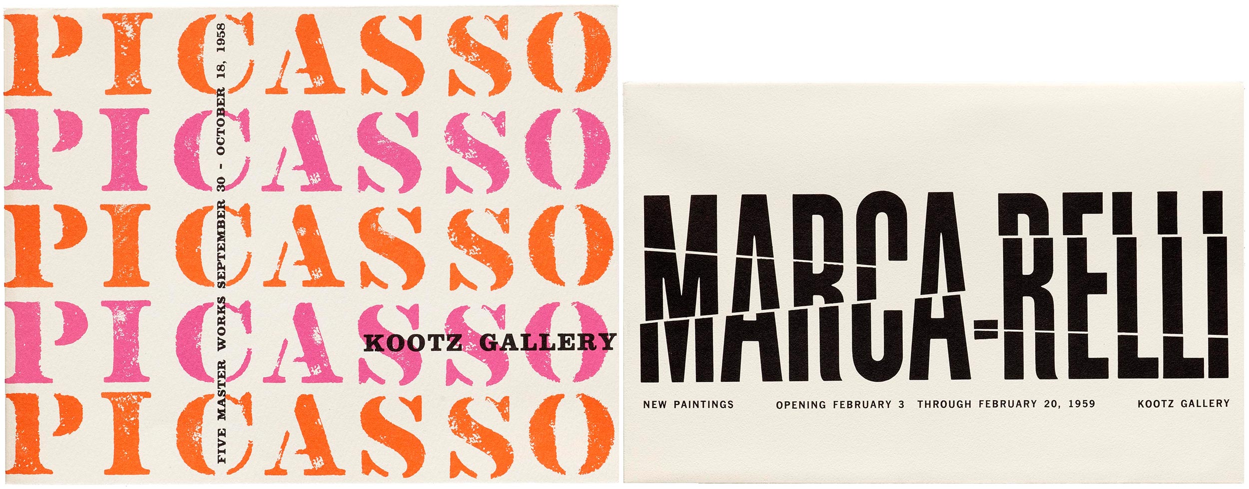 Exhibition catalogs for Picasso: The Master Works and Marca-Relli, Kootz Gallery, New York, 1958-59.