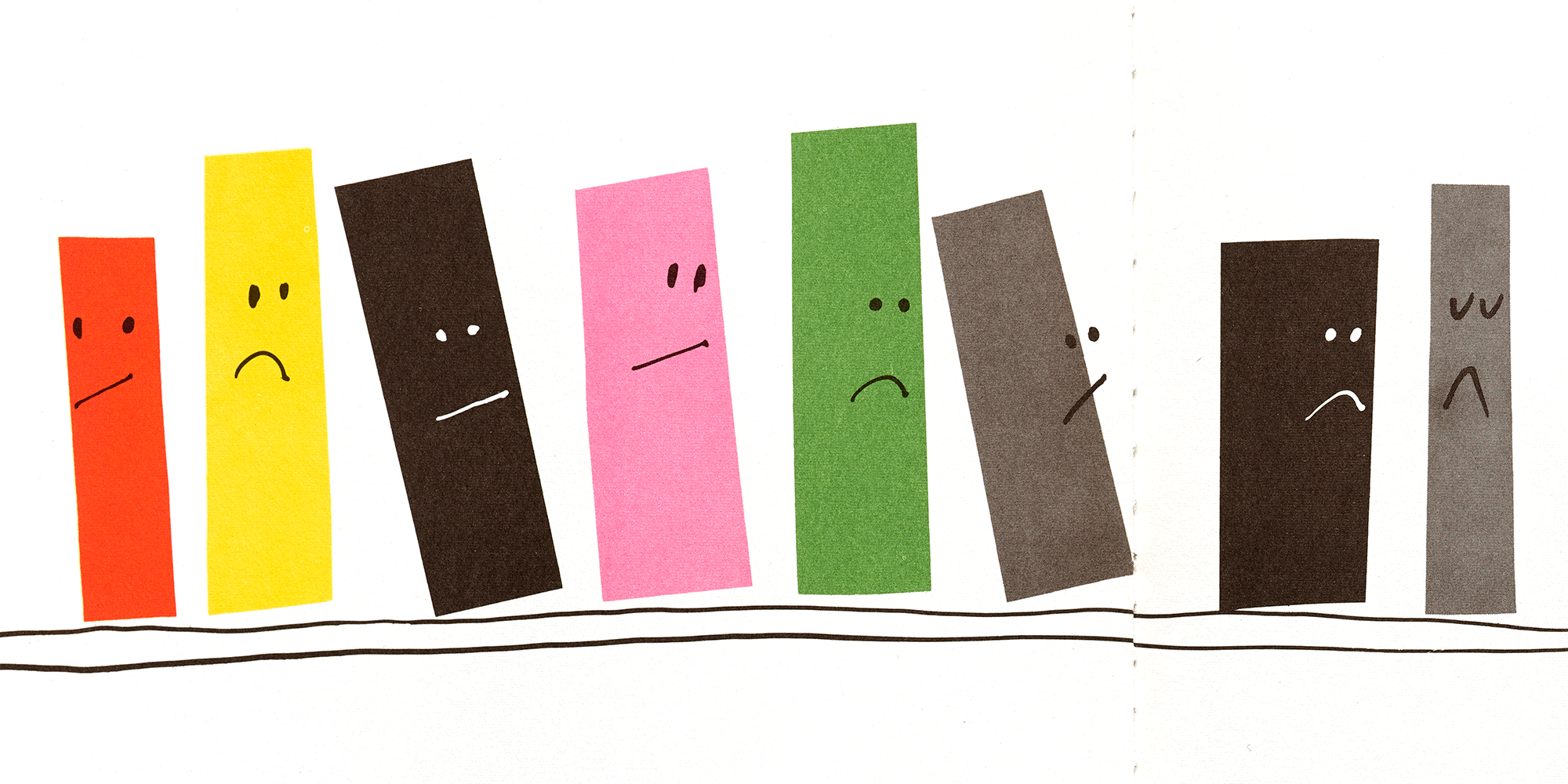 Paul Rand bookshelf illustration as an animation with frowns turning upside down