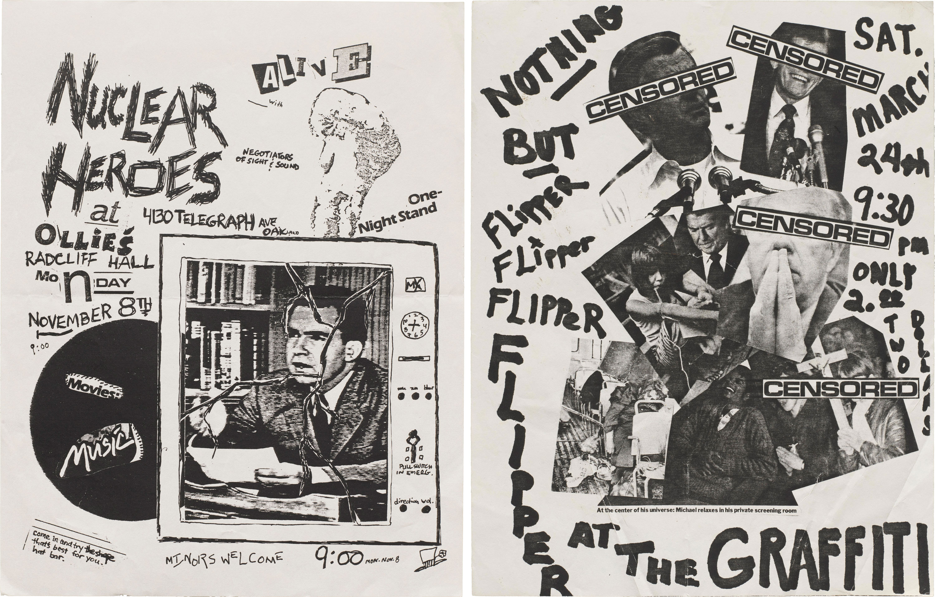 Left: Flyer for the Nuclear Heroes at Ollie’s Radcliff[e] Hall, Berkeley, 1982. Right: Flyer for Flipper at the Graffiti, San Francisco, 1984.