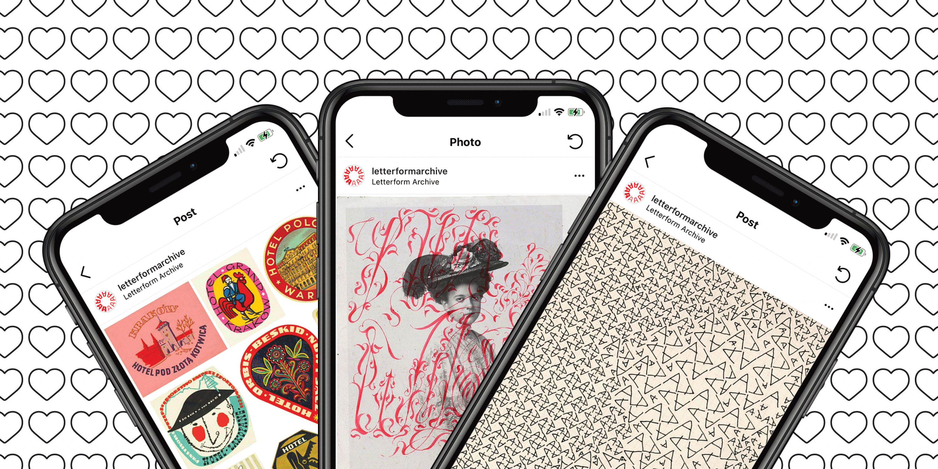 Three popular Letterform Archive posts on Instagram with a heart animation in the background.