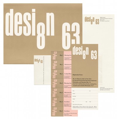 Design 63 promotional poster, registration form, tickets, stationery for the Art Director's Club, 1963.