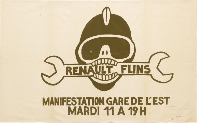 Atelier Populaire poster: Renault Flins--Manifestation Gare de L’est Mardi 11 a 19h (Renault Flins--Event at Gare de l’Est, Tuesday 11 at 7pm)