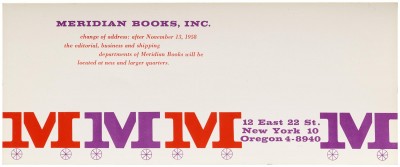 Elaine Lustig, moving notice for Meridian Books, New York.