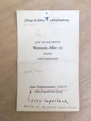 Business card with notes from Jan Tschichold.