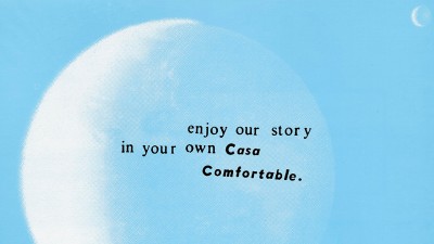 Martin Venezky, Enjoy Our Story in Your Own Casa Comfortable postcard promotion of Appetite Engineers exhibition at SFMOMA, 2001.