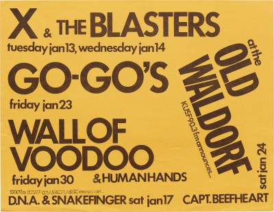 Flyer for X & The Blasters, Go-Go's, Wall of Voodoo & Human Hands at the Old Waldorf, 1981.