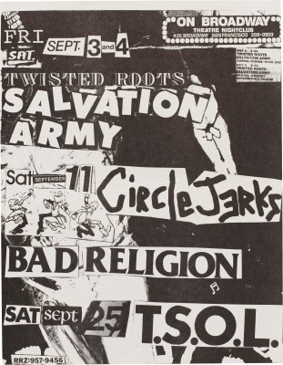 Flyer for Twisted Roots, Salvation Army, Circle Jerks, and Bad Religion at On Broadway, 1982.