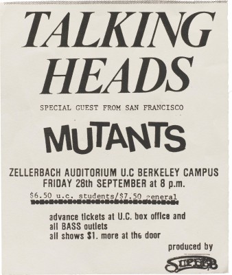 Flyer for Talking Heads and Mutants at Zellerbach Auditorium, Berkeley, 1980.