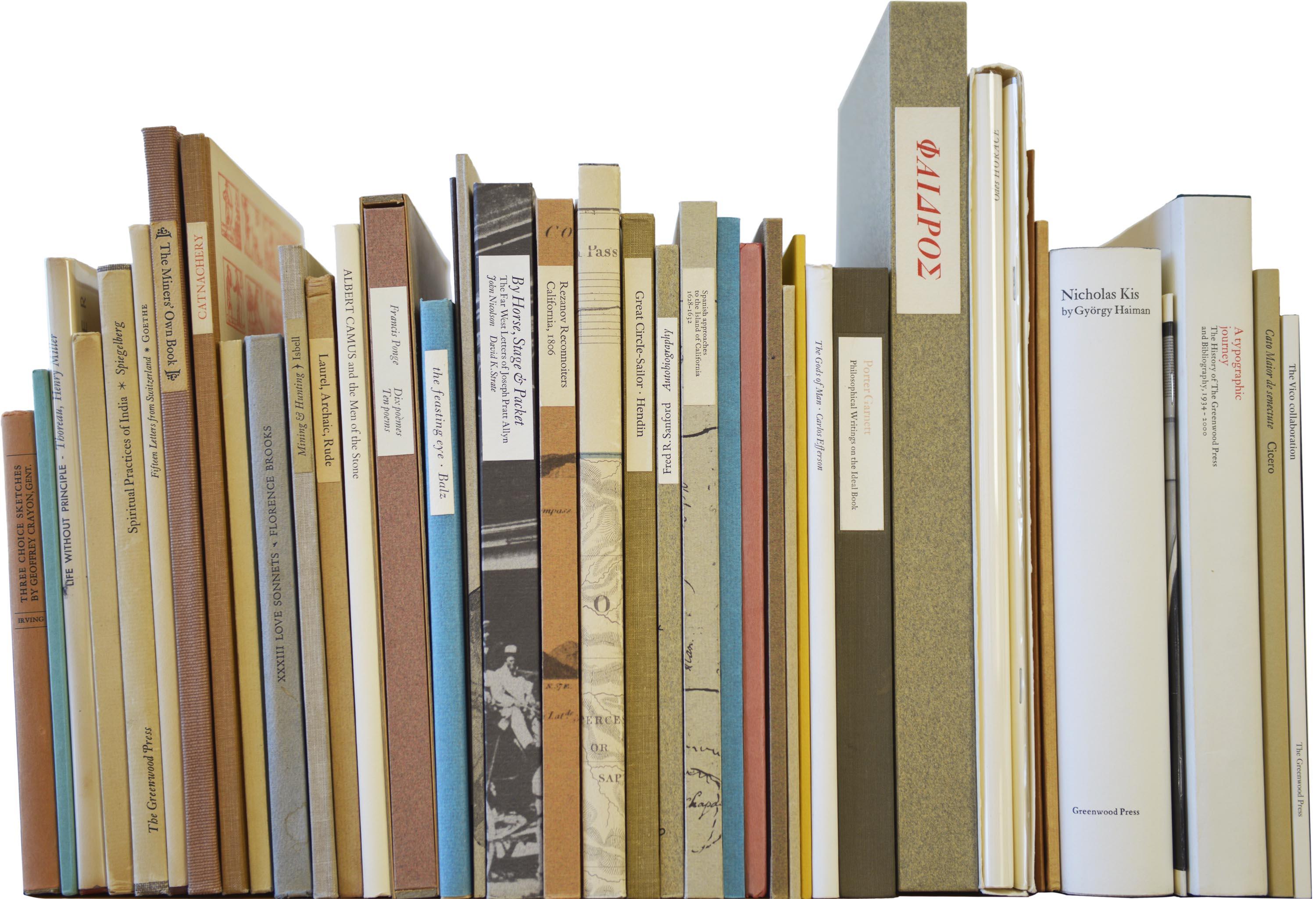 Books by Jack Stauffacher, including editions for the Greenwood Press and Book Club of California, 1941–2004.
