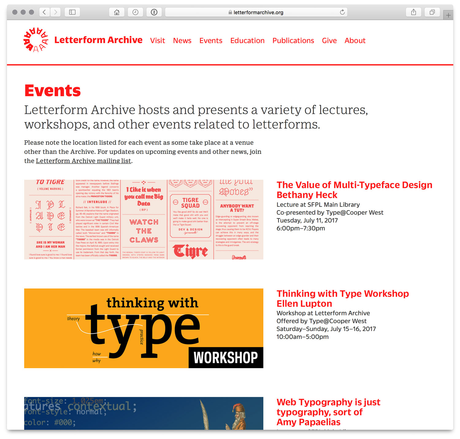 A screenshot of the Events page of Letterform Archive’s website in July 2017