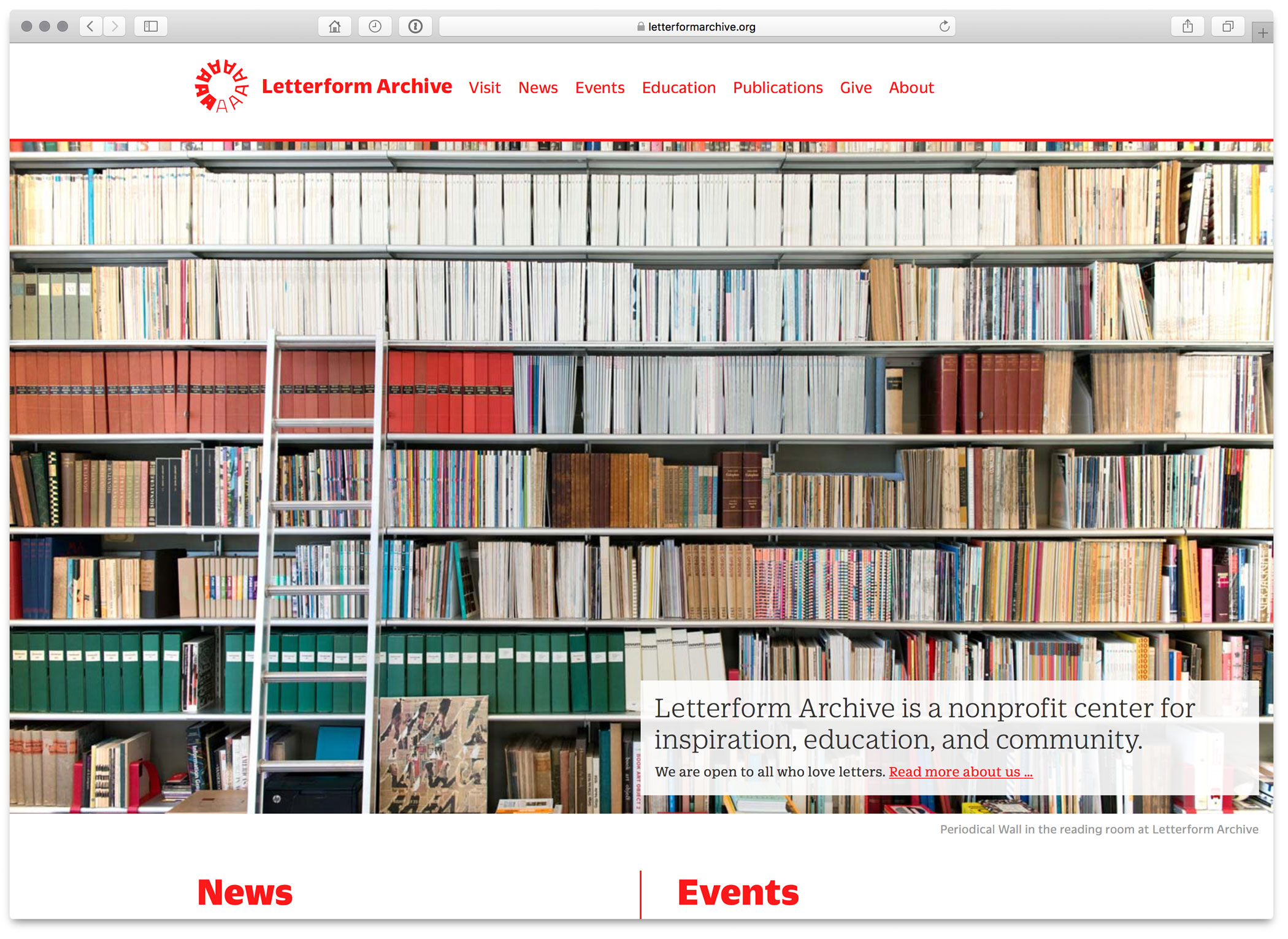 A screenshot of Letterform Archive’s website homepage in July 2017