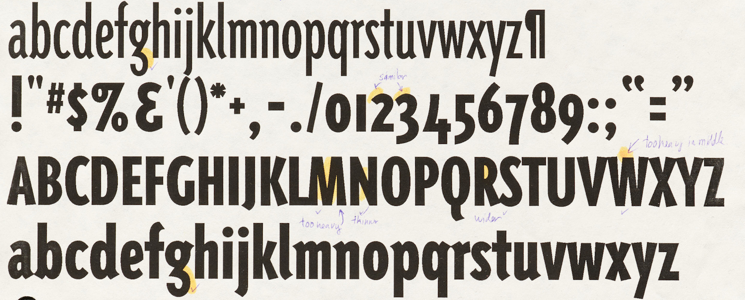 Marked-up trial proofs of Triplex typeface by Zuzana Licko, 1990
